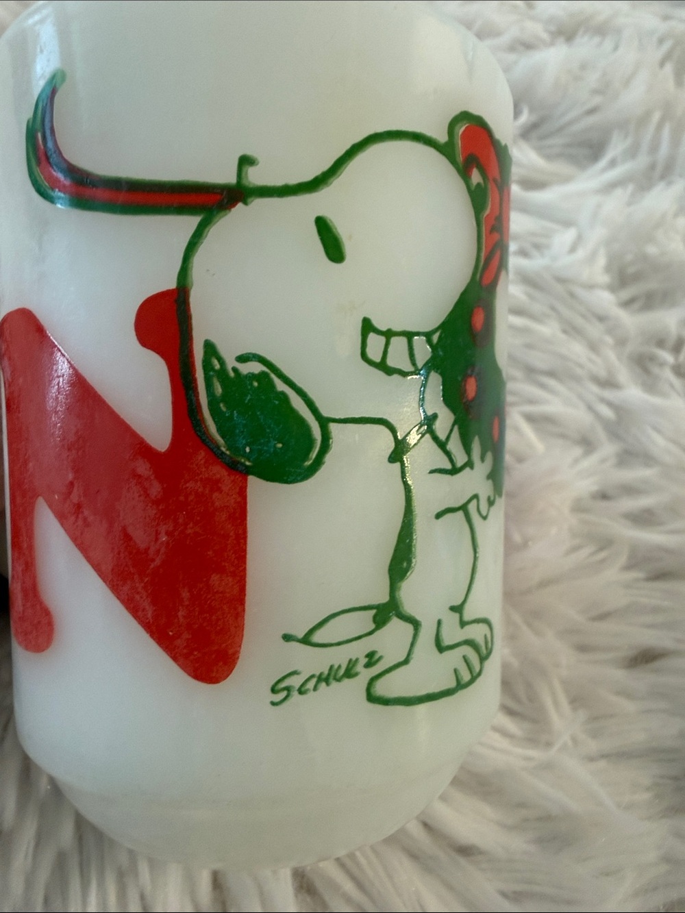 Vintage 1965 FIRE KING Anchor Hocking NOEL Snoopy Woodstock CHRISTMAS Mug 4"